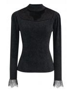 Choker Neck Lace Panel Fuzzy Knit Top in Black