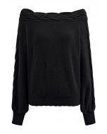 Bask in Winter Off-Shoulder Cable Knit Sweater in Black