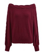 Bask in Winter Off-Shoulder Cable Knit Sweater in Red