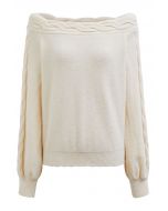 Bask in Winter Off-Shoulder Cable Knit Sweater in Cream