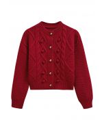 Euphoric Pom-Pom Waffle Knit Crop Cardigan in Red