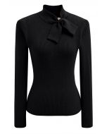 Heart Button Bowknot Ribbed Knit Top in Black