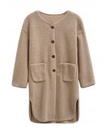 Collarless Button Down Sherpa Longline Coat in Khaki