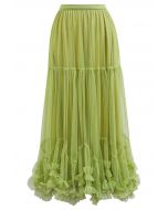 Ruffle Hem Double-Layered Mesh Maxi Skirt in Lime