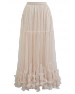 Ruffle Hem Double-Layered Mesh Maxi Skirt in Apricot