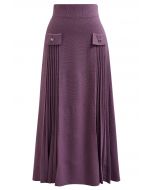 Little Bow Decorated Pleats Knit Maxi Skirt in Lilac