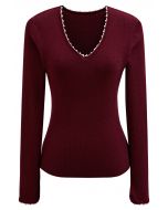 Pearl Decorated Ribbed Knit Top in Burgundy