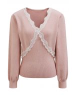 Lace Trim V-Neck Knit Top in Pink