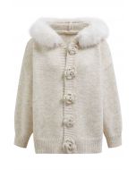 Stitch Rose Button Faux Fur Hooded Knit Cardigan in Oatmeal