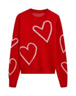 Heart Doodles Crew Neck Knit Sweater in Red