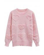 Pearl Trim Heart Jacquard Oversized Knit Sweater in Pink