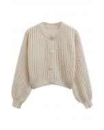 Puff Sleeves Buttoned Crop Chunky Knit Cardigan in Cream