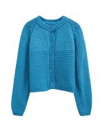 Chunky Buttoned Garter Stitch Knit Cardigan in Blue