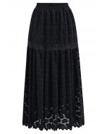 Full Floral Lace Scalloped Hem Maxi Skirt in Black