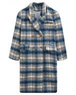 Peak Lapel Buttoned Plaid Fuzzy Coat in Indigo