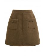 Retro Button Patch Pockets Mini Bud Skirt in Camel