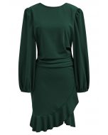 Ruched Side Ruffle Tulip Mini Dress in Dark Green