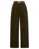 Sturdy Corduroy Belted Straight-Leg Pants in Army Green