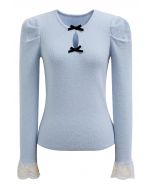 Dainty Bow Lace Cuff Knit Top in Baby Blue