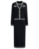 Shimmery Contrast Golden Button Knit Cardigan and Dress Set in Black