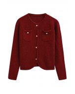 Gleaming Fringe Trim Buttoned Knit Cardigan in Red