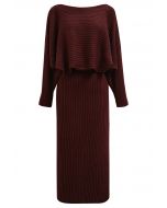 Two-Way Wear Crisscross Knit Top and Skirt Set in Burgundy