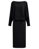 Boat Neck Ribbed Knit Top and Skirt Set in Black