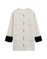 Contrast Cuffs Patch Pockets Buttoned Knit Coat in White