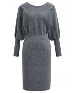 Batwing Sleeves Cinched Waist Knit Dress in Grey