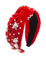 Heart Rhinestone Pearl Knotted Headband in Red