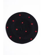 Lips and Hearts Wool-Blend Beret in Black