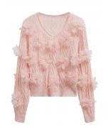 3D Pearl Mesh Flower Embellished Knit Top in Light Pink