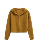 Double-Zip Hooded Crop Knit Cardigan in Mustard