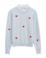 Red Heart Cotton Ruffle Spliced Knit Top in Light Blue