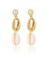 Double Cowrie Shell Charm Pearls Earrings