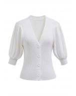 Bubble Sleeve V-Neck Buttoned Knit Top in White