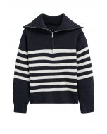 Flap Collar Zipper Neck Striped Knit Sweater in Black