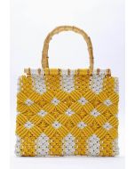 Bamboo Handle Two-Tone Woven Handbag in Yellow