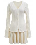 Flare Cuffs Button Knit Top and Mini Skirt in Cream