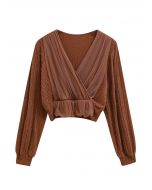 Mesh Spliced Faux-Wrap Knit Top in Caramel