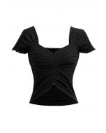 Sweetheart Neckline Shirred Crop Knit Top in Black