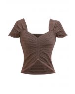 Sweetheart Neckline Shirred Crop Knit Top in Brown