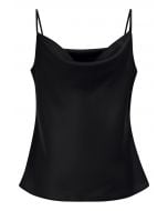 Drape Neck Satin Cami Crop Top in Black