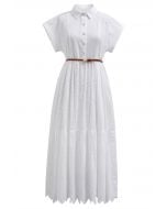 Collared Eyelet Embroidery Buttoned Midi Dress in White