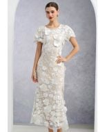 3D Floral Applique Mesh Tulle Mermaid Maxi Dress in White