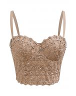 Rhinestone Lace Embroidered Bustier Mesh Crop Top in Apricot