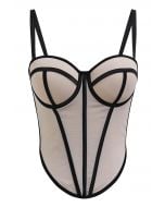 Contrast Binding Bustier Mesh Crop Top in Nude