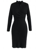 Cafe Time Wavy Wrap Knit Dress in Black