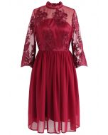 Cheery Moment Embroidered Mesh Chiffon Dress in Red