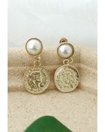 Vintage Gold Coin Pearl Drop Eearrings